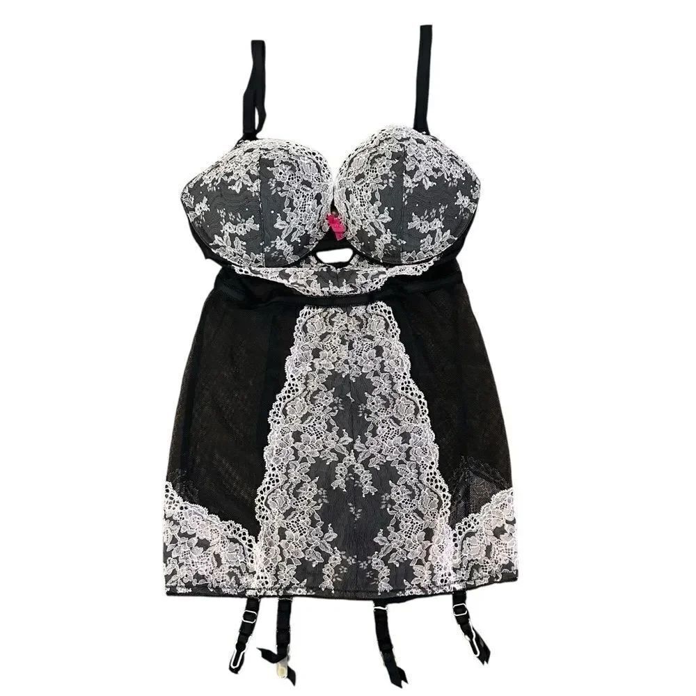 Victoria’s Secret black lace sheer garter slip Lingerie size 36D